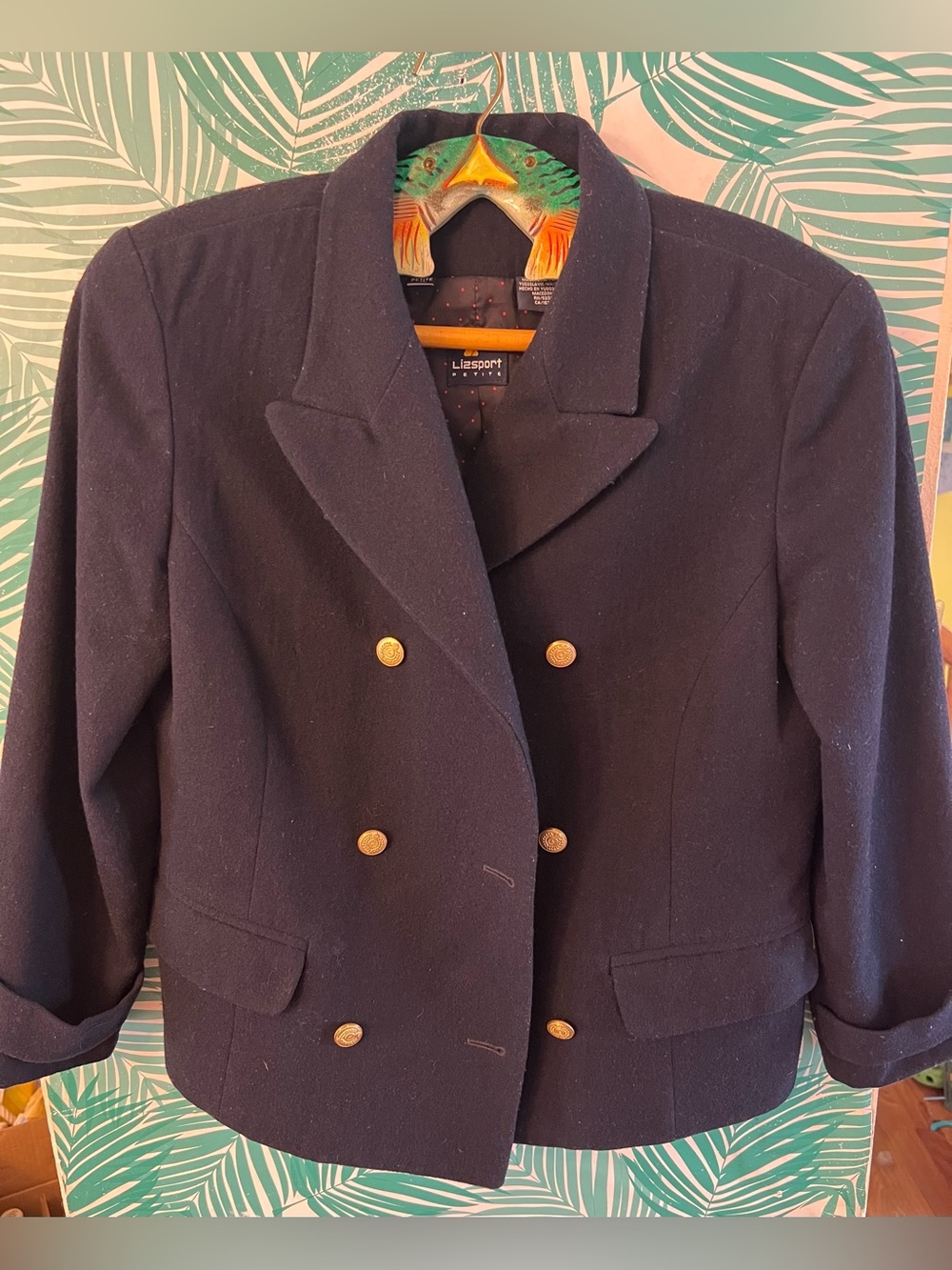 Vintage 80s Liz Sport Navy Double-Breasted Wool Blend Blazer w/ gold buttons 4P